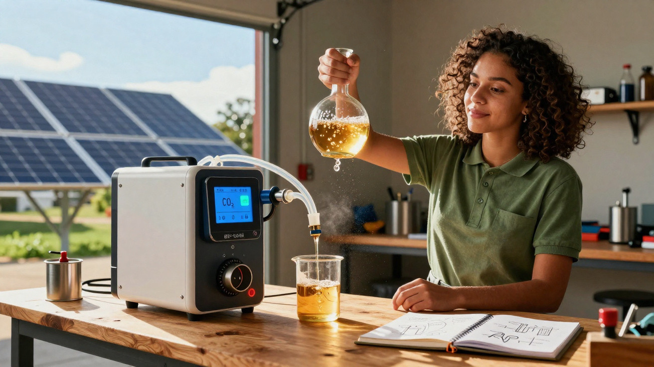 Mulher jovem trabalhando com equipamento de laboratório e painéis solares ao fundo em ambiente iluminado.