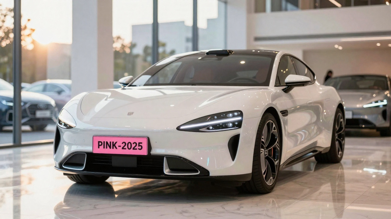 Carro de luxo branco estacionado em showroom com placa rosa escrita PINK-2025.