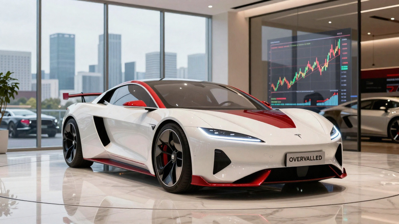Carro esportivo elétrico branco com detalhes vermelhos em showroom moderno com gráficos financeiros ao fundo.