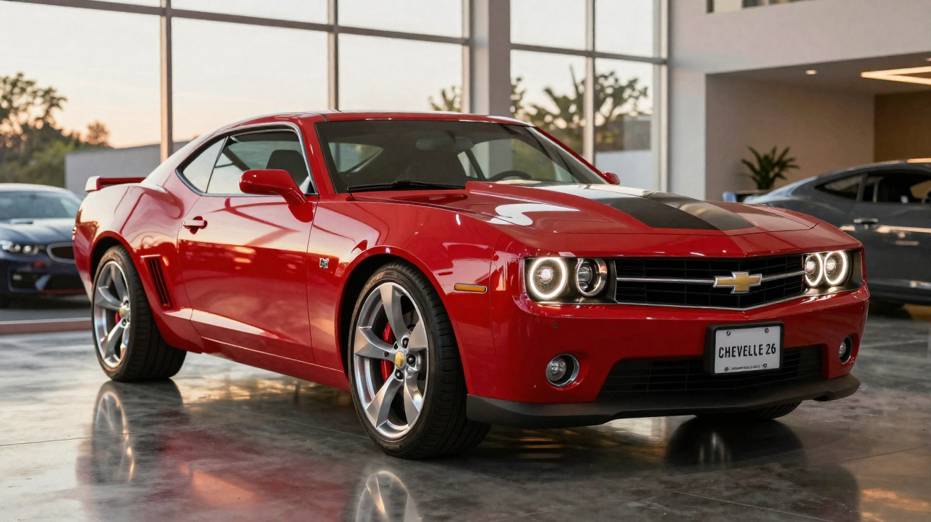 Carro esportivo vermelho Chevrolet Camaro com detalhes em preto estacionado em garagem iluminada.