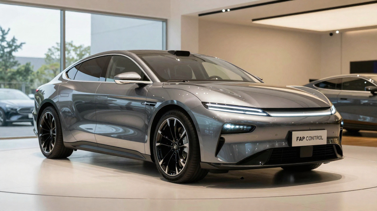 Carro elétrico cinza moderno exibido em showroom com teto iluminado e grandes rodas pretas.