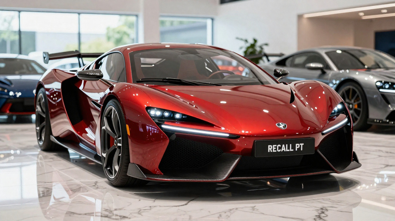 Carro esportivo vermelho com design futurista exibido em showroom moderno com piso branco.