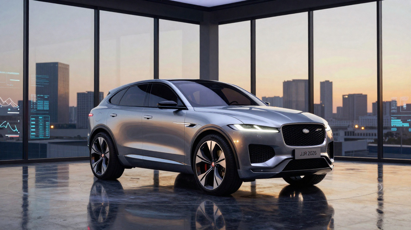 Carro elétrico Jaguar I-Pace prata estacionado em showroom com janelas grandes e vista da cidade ao pôr do sol.