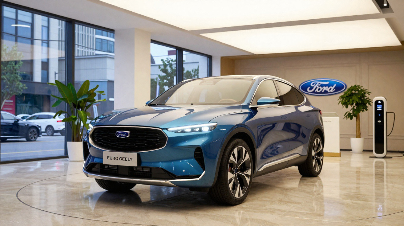 Carro elétrico azul Euro Geely exibido em showroom moderno da Ford com logo e estação de recarga.