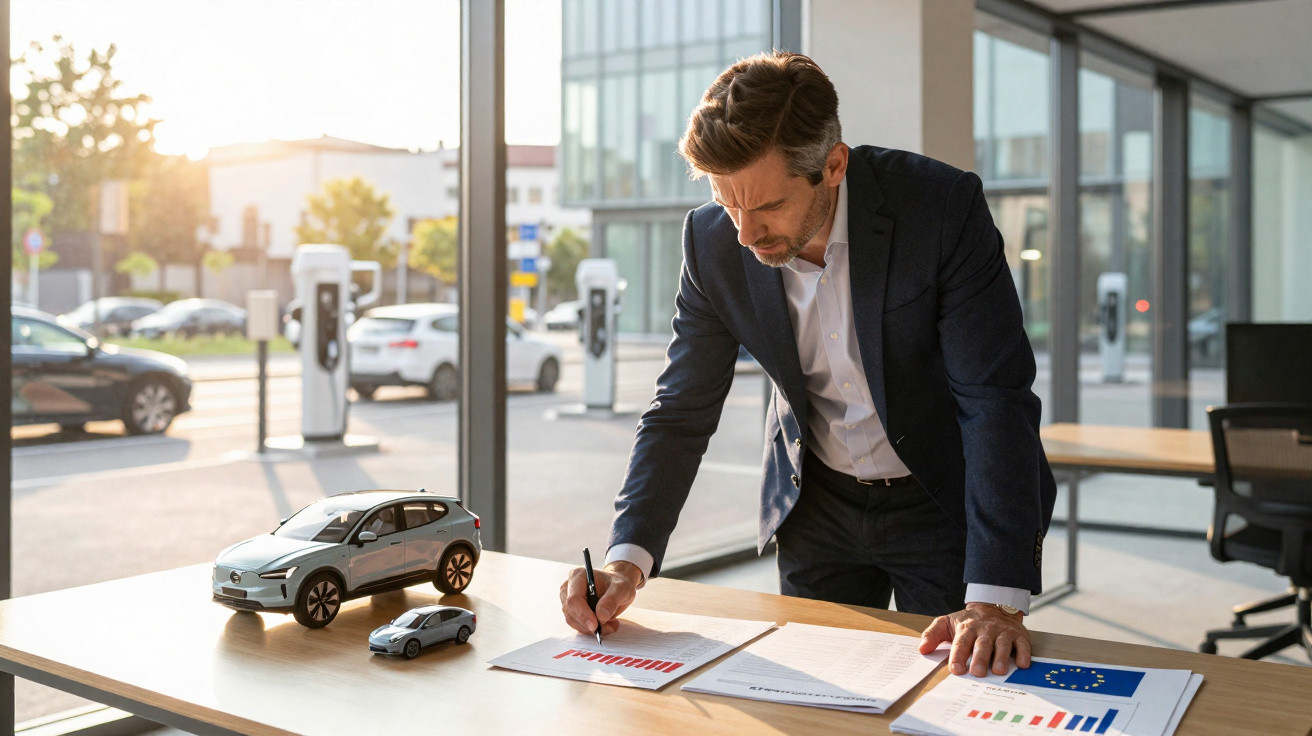 Homem de terno analisa gráficos e planos com miniaturas de carros elétricos em escritório moderno com luz natural.