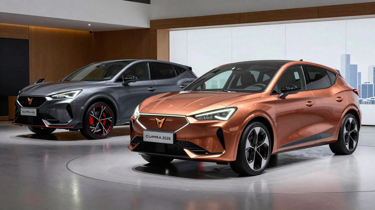 Dois carros da marca Cupra, modelo 2026, expostos em ambiente interno moderno.