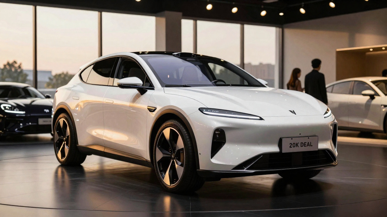 Carro elétrico branco moderno em showroom com outras pessoas e veículos ao fundo.