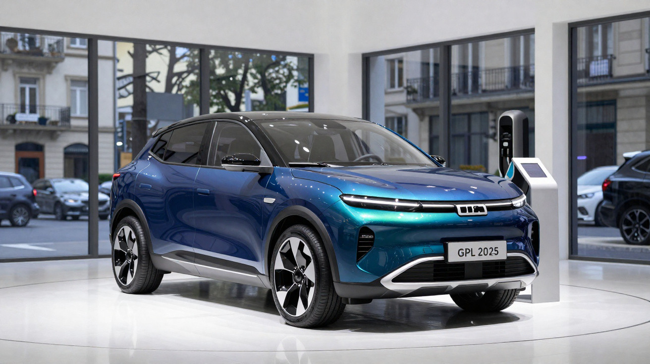 Carro elétrico azul moderno estacionado em sala ampla com grandes janelas e estação de recarga.