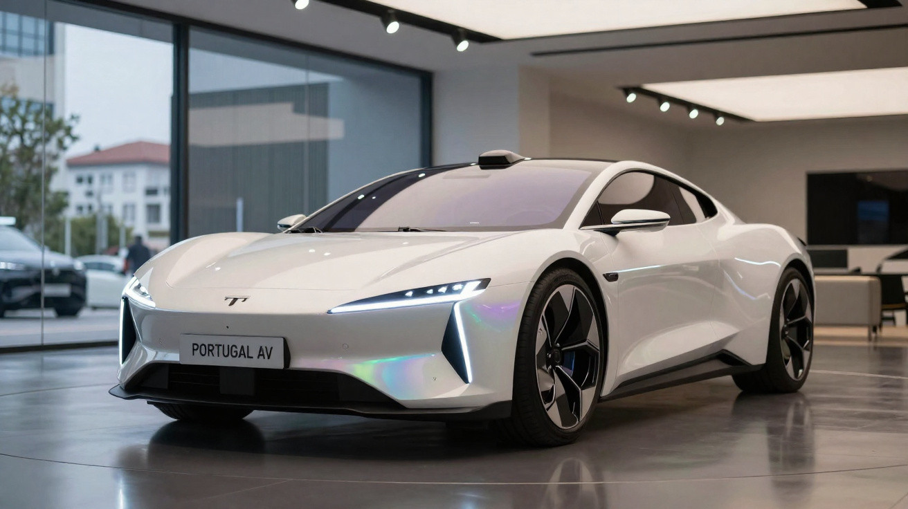 Carro esportivo branco futurista com luzes LED em showroom moderno, placa Portugal AV.