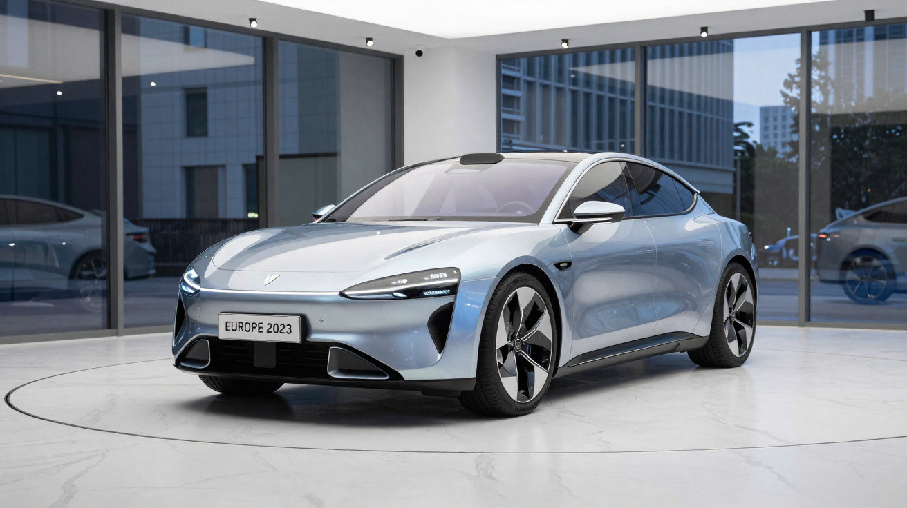 Carro elétrico prateado futurista em exposição interna com fachada de vidro e iluminação natural.
