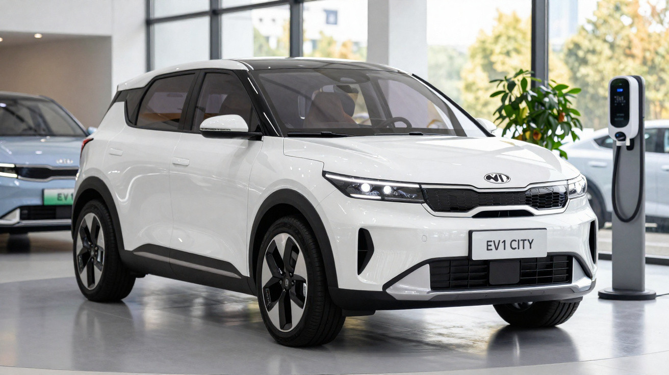 Carro elétrico branco Kia EV1 City estacionado em showroom próximo a estação de recarga.