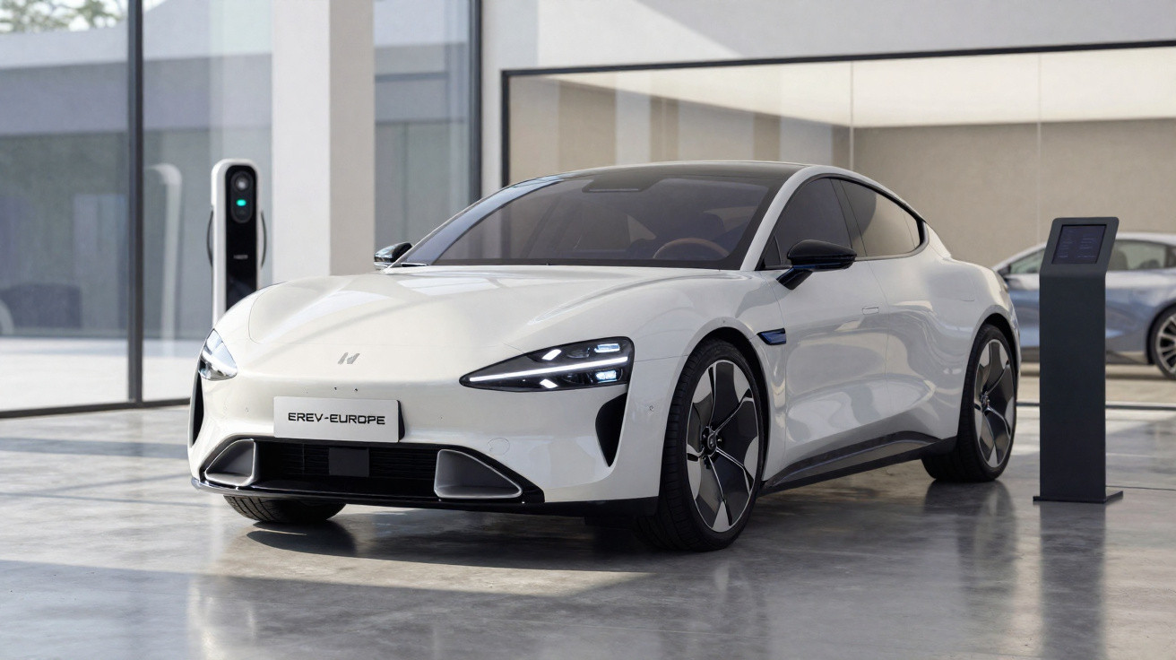 Carro elétrico branco estacionado em showroom moderno com carregador ao fundo.