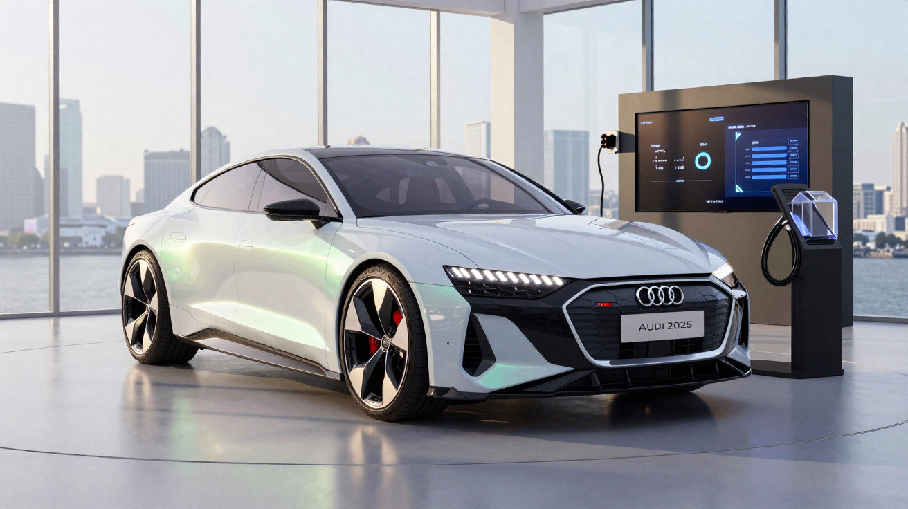 Carro elétrico Audi branco modelo 2025 conectado a estação de recarga em ambiente moderno com vista urbana.