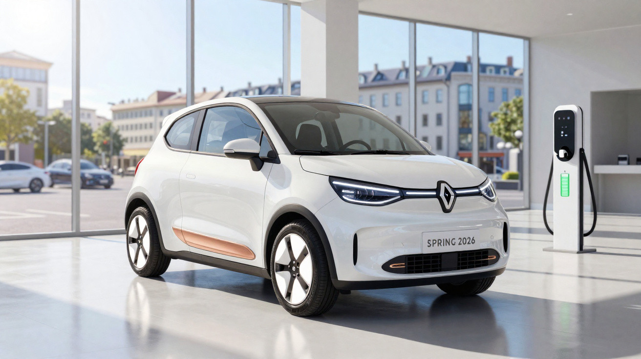Carro elétrico Renault Spring 2026 branco, estacionado em ambiente interno com carregador elétrico ao lado.