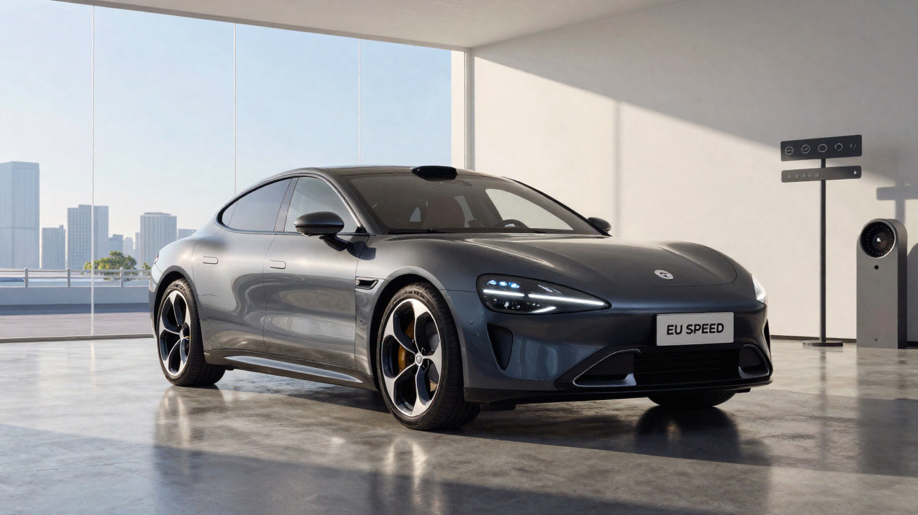 Carro esportivo elétrico cinza estacionado em ambiente interno com parede de vidro e vista para cidade.