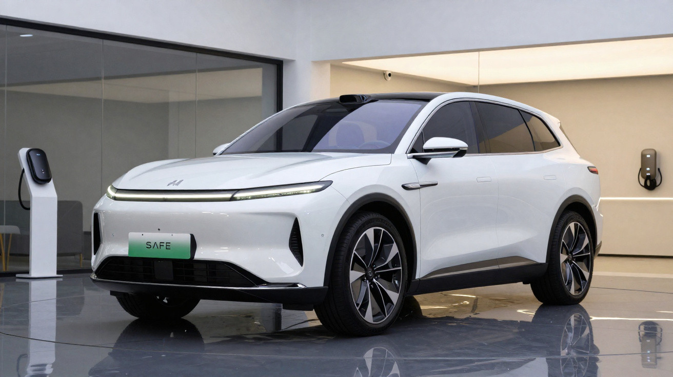 Carro SUV elétrico branco em exposição, com design moderno e carregadores na parede ao fundo.