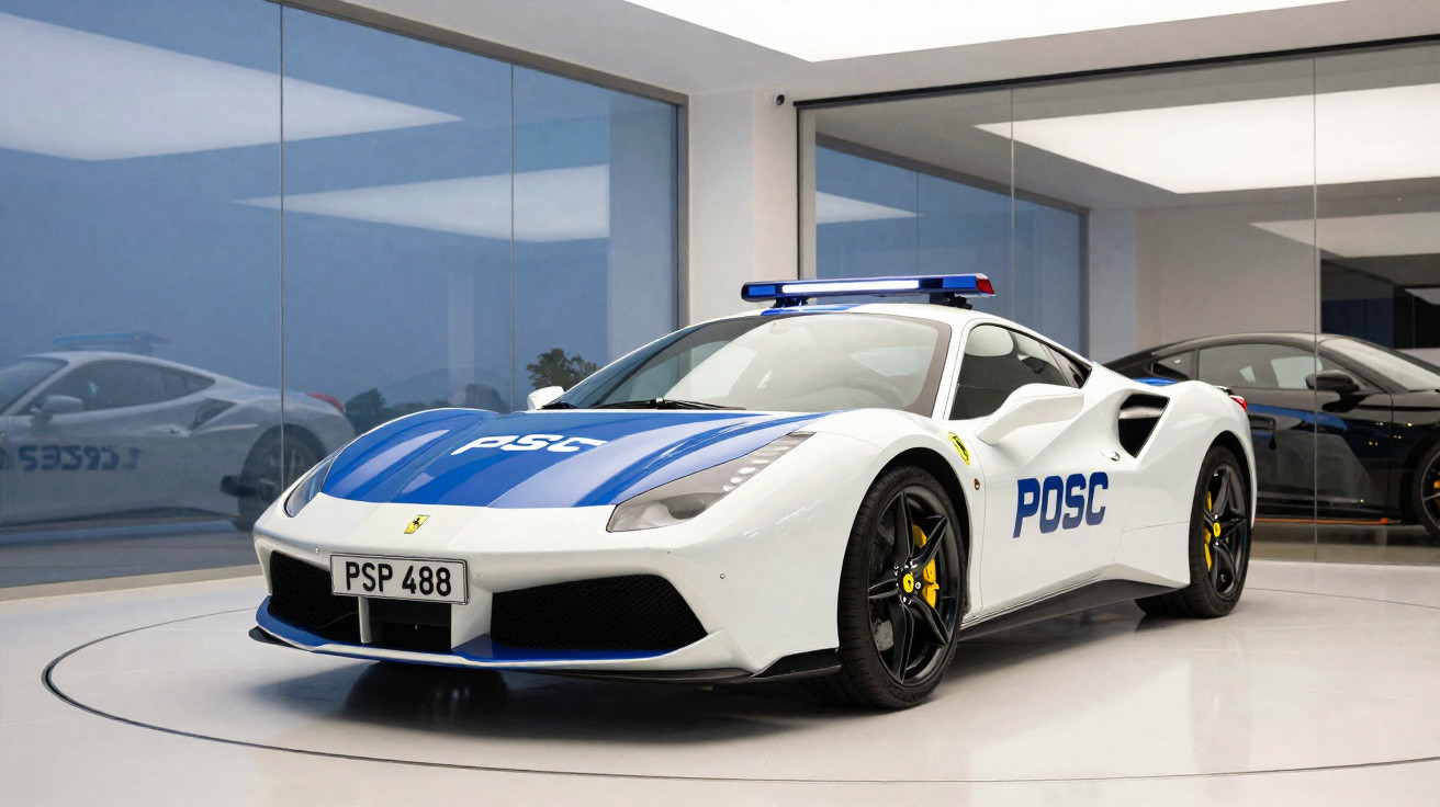 Carro de polícia esportivo branco com azul estacionado em showroom moderno e iluminação natural.