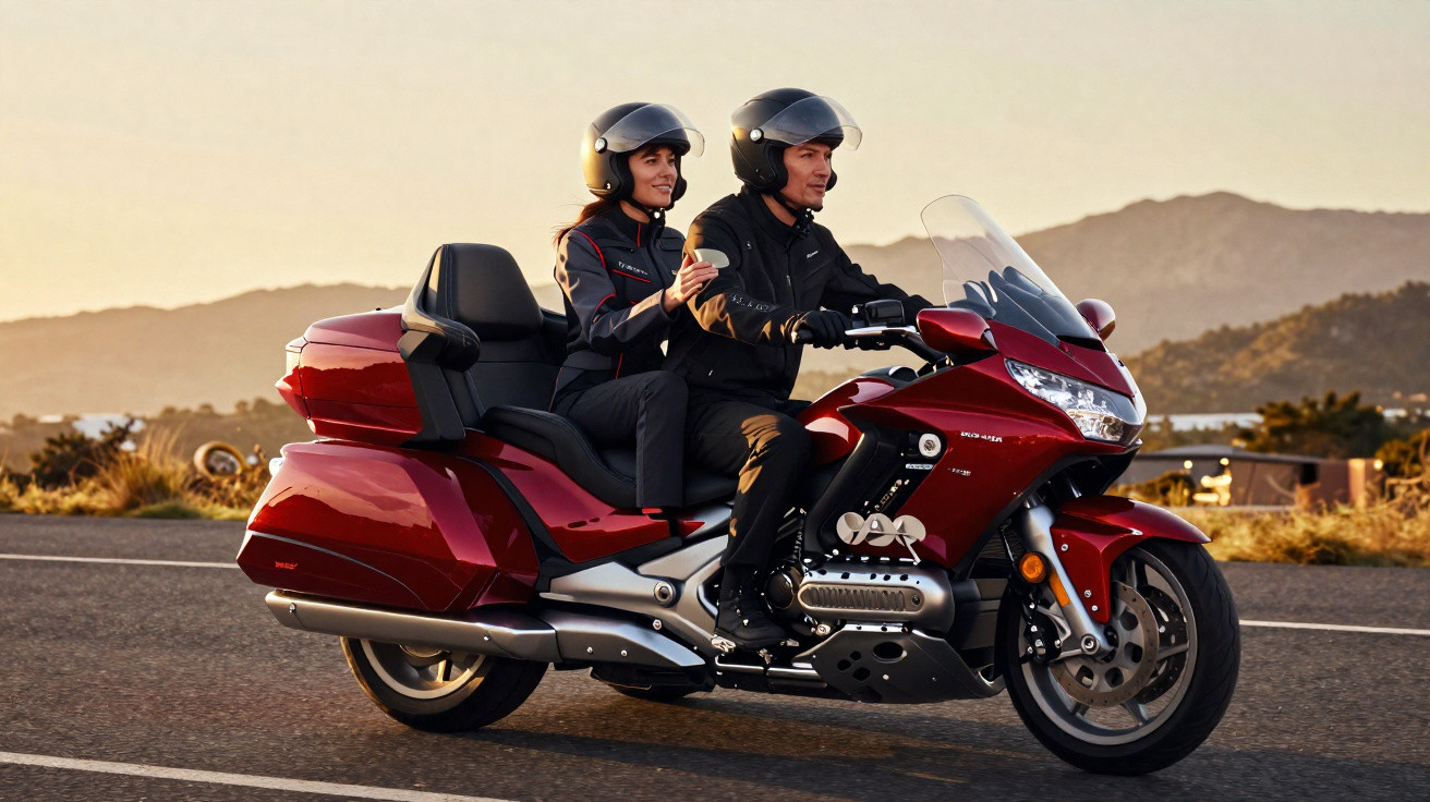 Casal usando capacetes pilotando motocicleta vermelha em estrada ao entardecer com montanhas ao fundo.