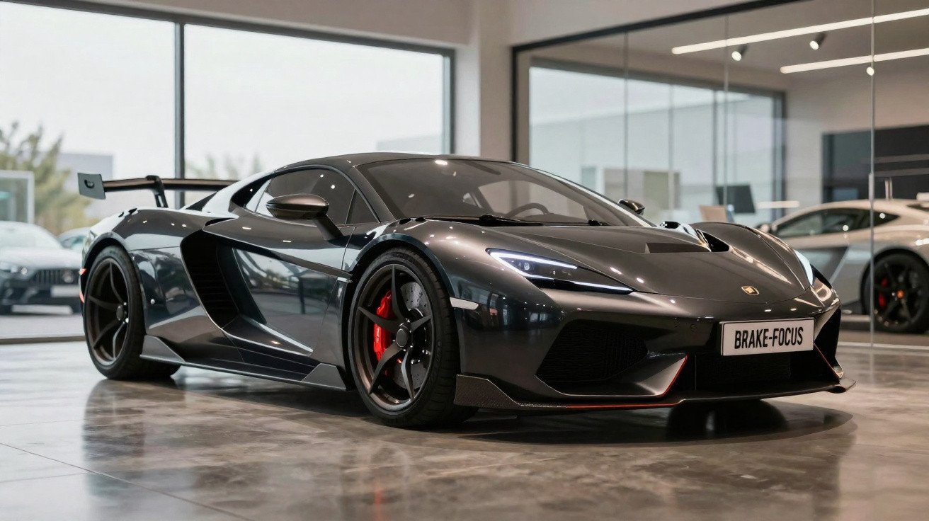 Carro esportivo preto brilhante com detalhes vermelhos em showroom moderno, refletindo a luz do ambiente.