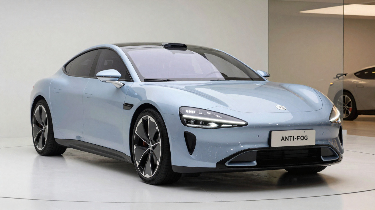 Carro esportivo elétrico azul prateado, design moderno e futurista, com placa "ANTI-FOG" em ambiente interno.