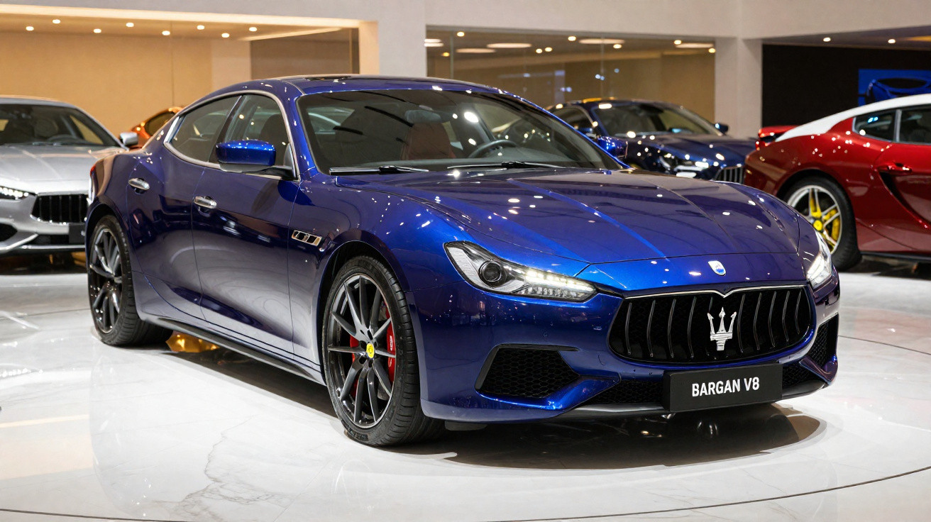 Carro esportivo azul Maserati BARGAN V8 exibido em showroom com outros carros ao fundo.