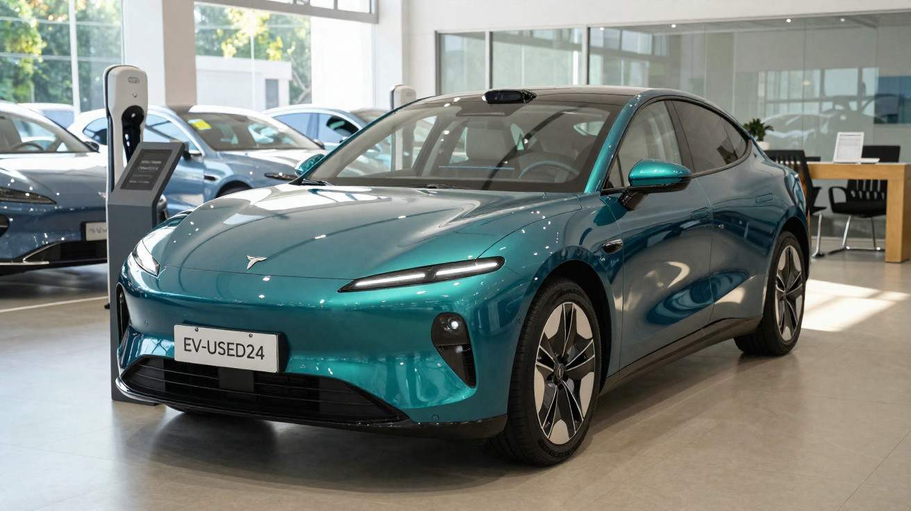 Carro elétrico azul em exposição dentro de showroom com estações de recarga ao fundo.