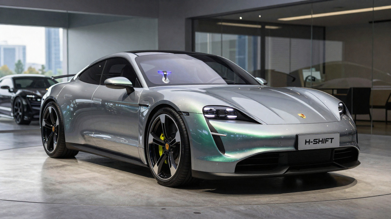 Carro esportivo elétrico Porsche Taycan prata exibido em showroom moderno com vista urbana ao fundo.