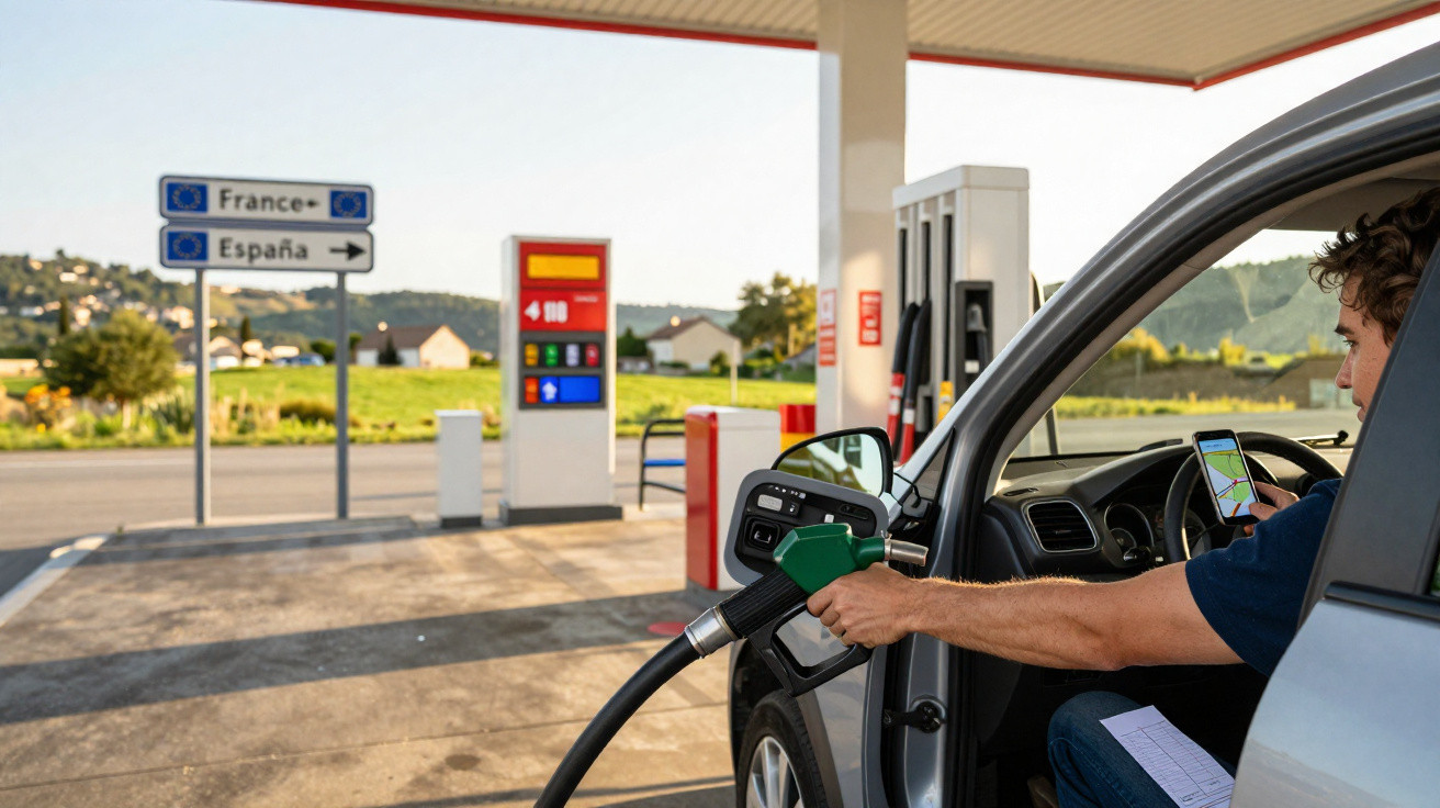 Homem abastecendo carro em posto de gasolina com paisagem rural ao fundo durante o dia.