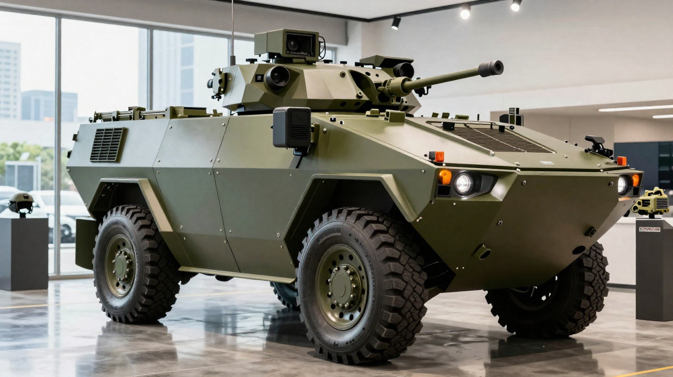 Veículo blindado militar 6x6 verde com canhão exposto, exibido em ambiente interno moderno.