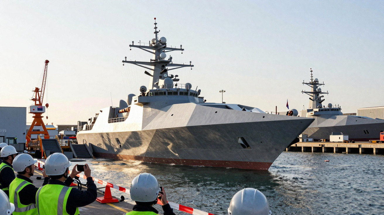 Navio militar cinza número 12 atracado em porto com pessoas de capacete e colete observando.