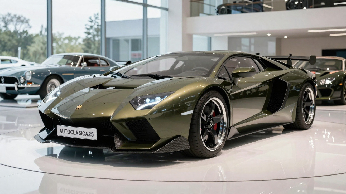 Carro esportivo Lamborghini verde metálico exibido em showroom moderno com outras supermáquinas ao fundo.