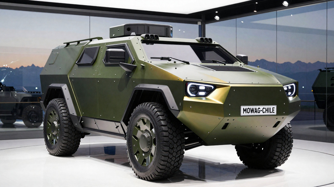 Veículo blindado militar verde com rodas grandes exibido em ambiente interno moderno.
