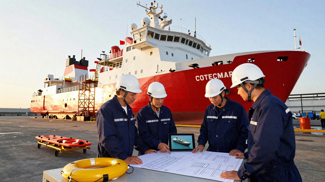 Quatro homens com capacetes revisam plantas e tabela digital diante de um navio vermelho e branco COTECMAR.
