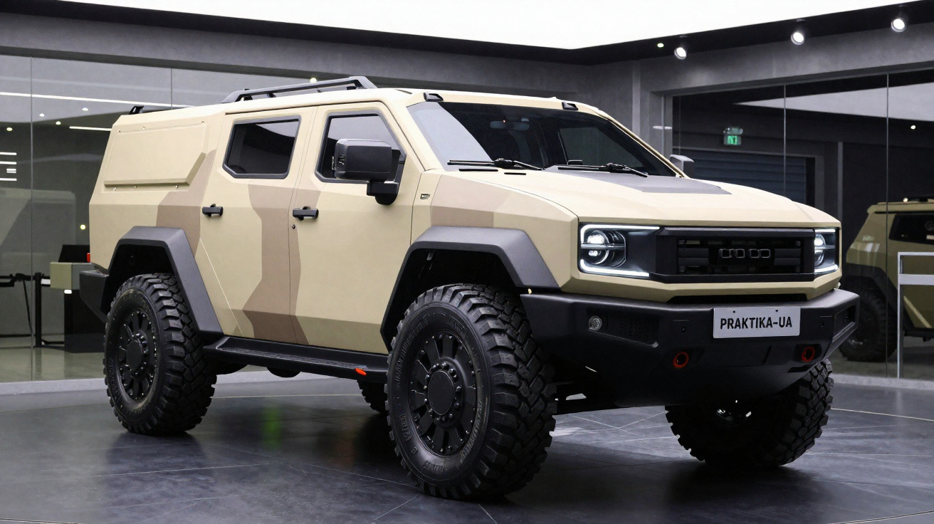 Veículo blindado off-road bege com design robusto e rodas de grande pneus, exposto em ambiente interno.