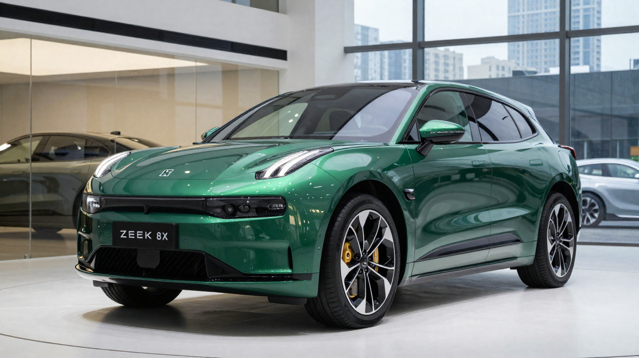 Carro elétrico verde Zeek 8X exibido em showroom moderno com janelas grandes e piso branco.