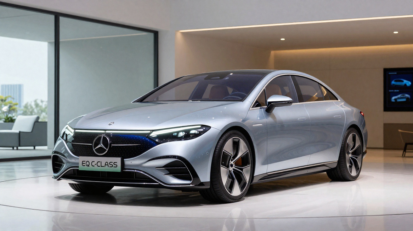 Carro prata Mercedes-Benz EQ C Class elétrico exibido em salão moderno com piso brilhante.