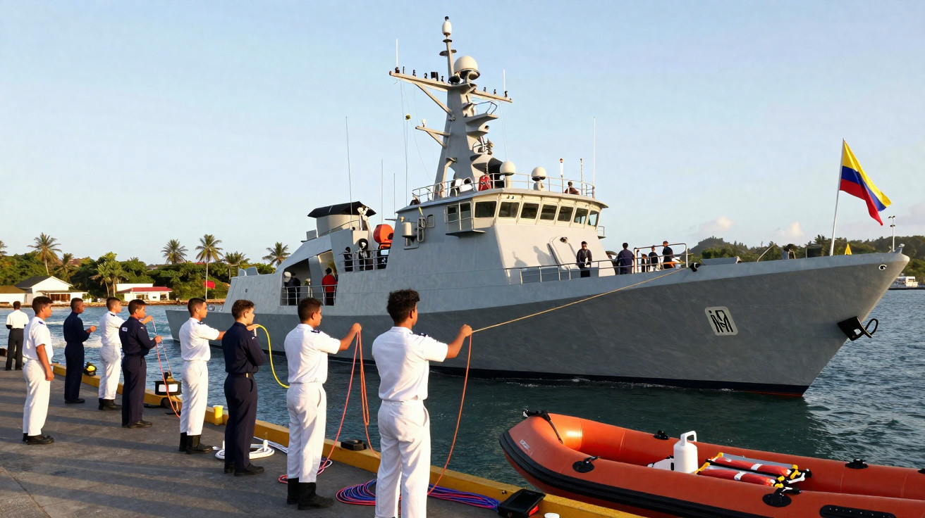 Marinheiros seguram cordas para atracar navio militar cinza em porto com bandeira da Colômbia ao fundo.