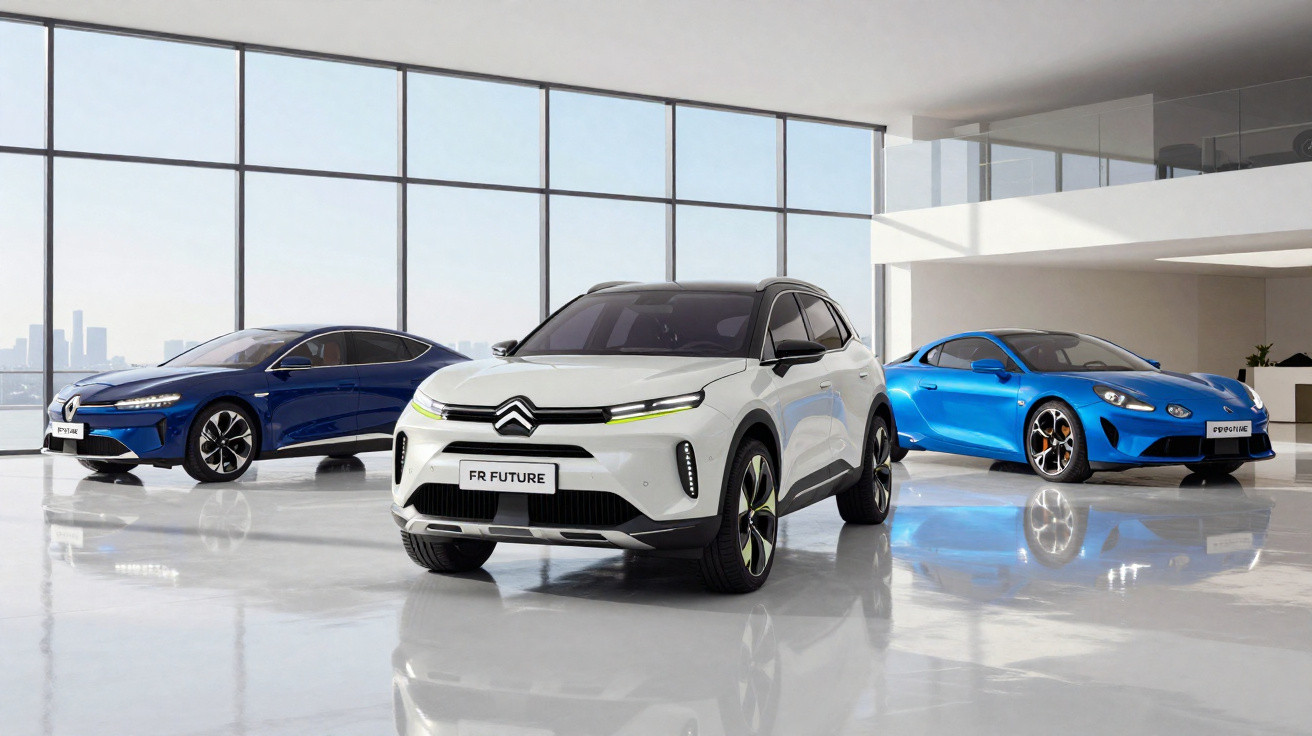 Três carros elétricos modernos exibidos em espaço interno com janelas amplas e vista para cidade ao fundo.