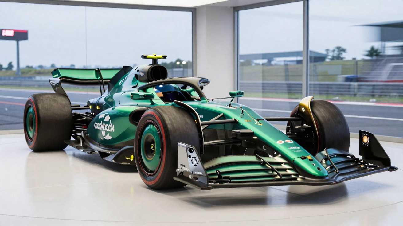 Carro de Fórmula 1 verde exibição em pista fechada com capacete azul no cockpit.