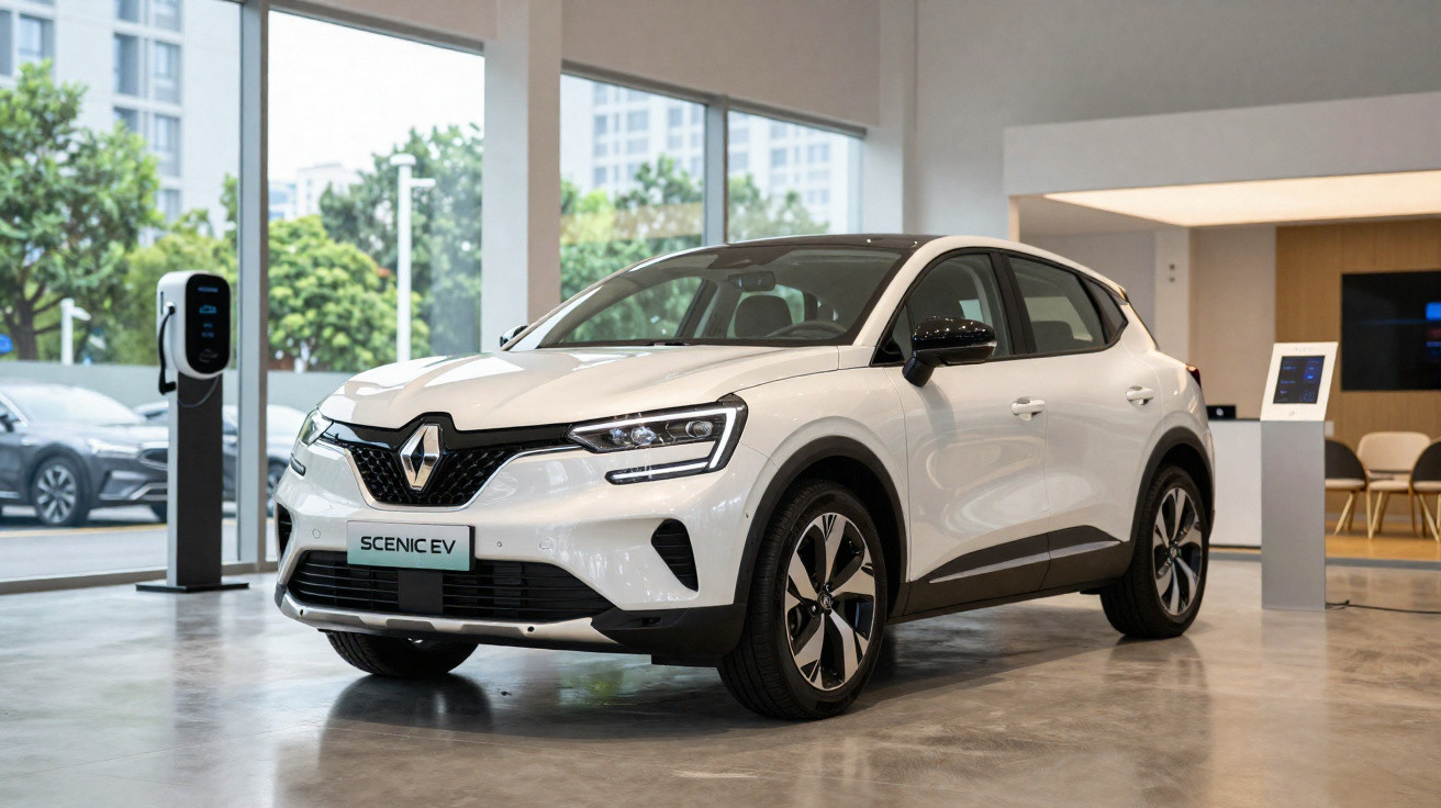 Carro elétrico branco Renault Scenic EV estacionado em showroom moderno com parede de vidro ao fundo.
