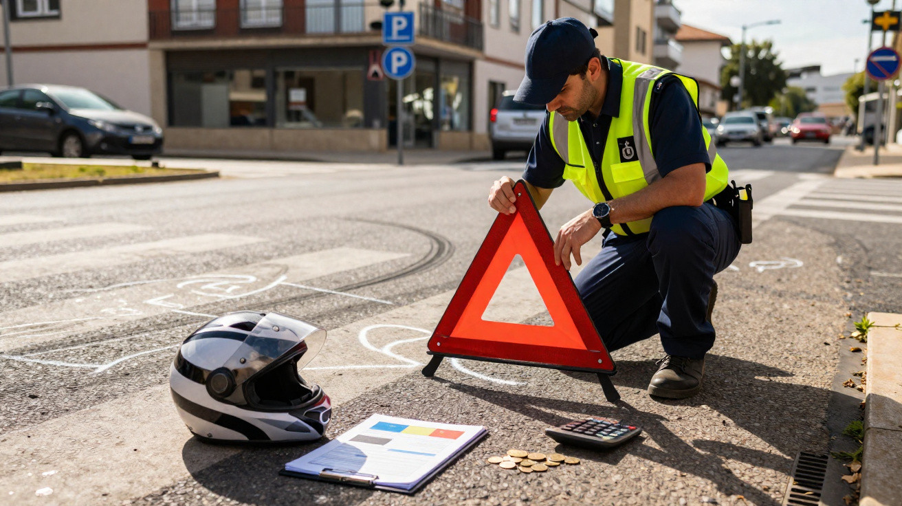 Policial de trânsito coloca triângulo de sinalização no asfalto após acidente de moto em cruzamento urbano.