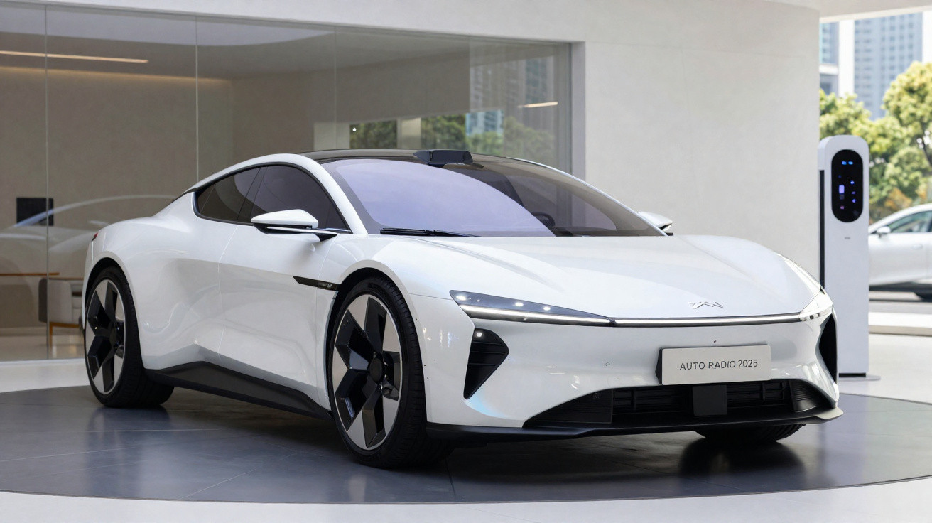 Carro esportivo branco elétrico futurista em showroom moderno com estação de recarga ao fundo.