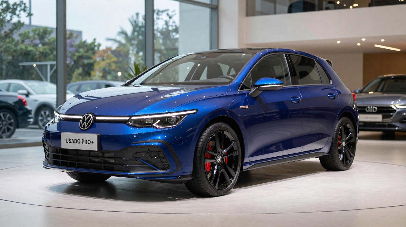 Carro azul Volkswagen Golf GTI em exibição em showroom com placa "USADO PRO+".