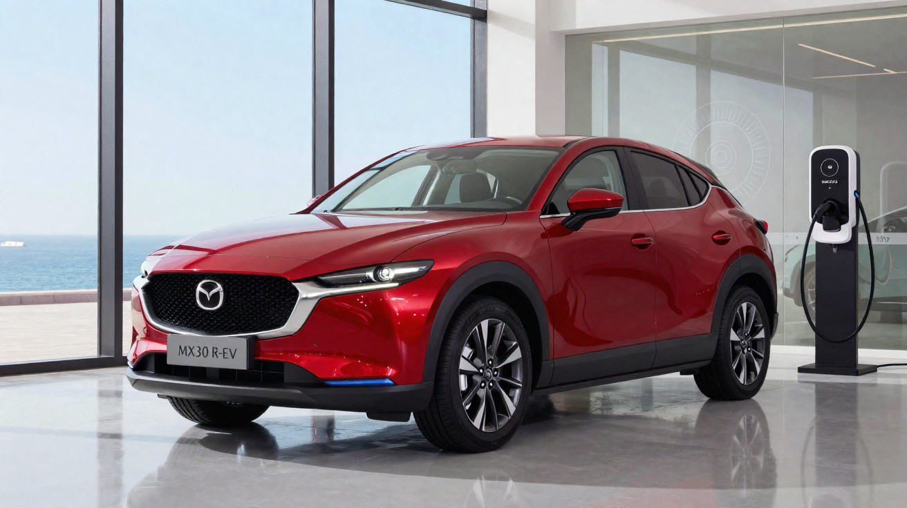 Carro elétrico Mazda MX-30 R-EV vermelho estacionado em ambiente moderno próximo a carregador elétrico.