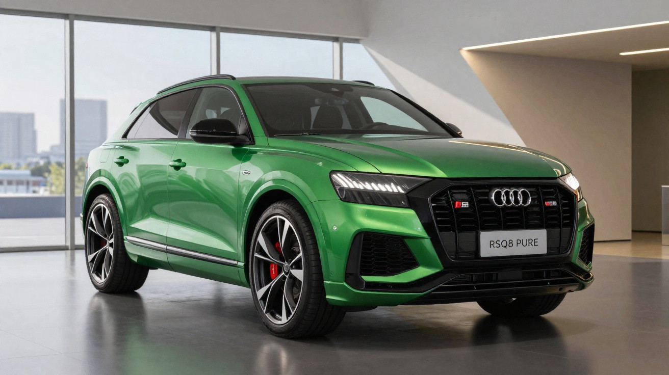 Carro SUV Audi RS Q8 verde, visto frontal, em ambiente interno iluminado por luz natural.