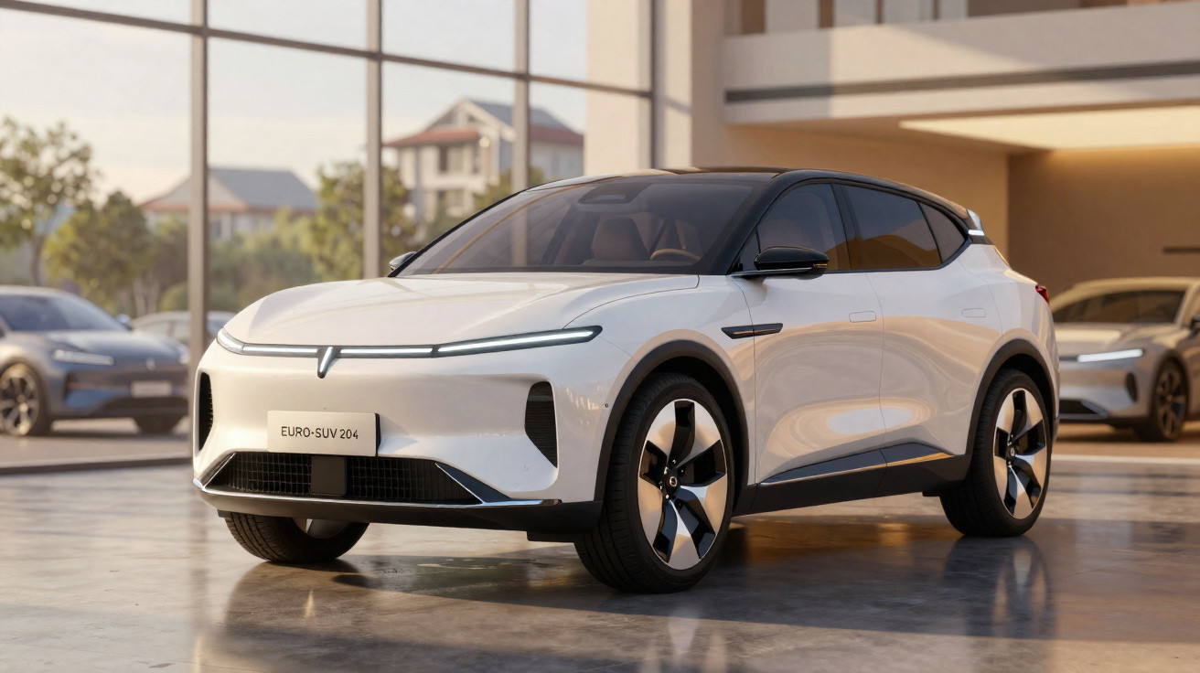 Carro SUV elétrico branco moderno estacionado em showroom com luz natural suave.