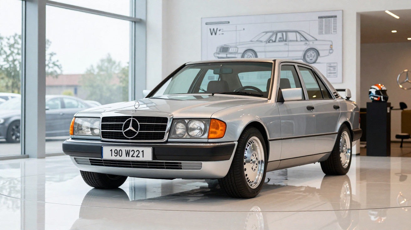 Carro Mercedes-Benz clássico modelo 190 W211 prata exibido em salão com planta técnica ao fundo.