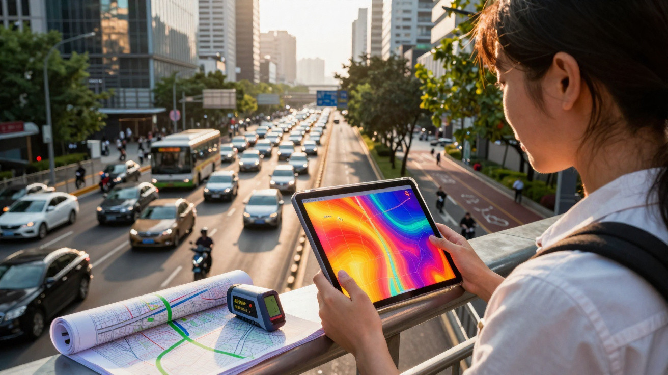 Mulher usando tablet em passarela urbana sobre avenida movimentada ao pôr do sol.