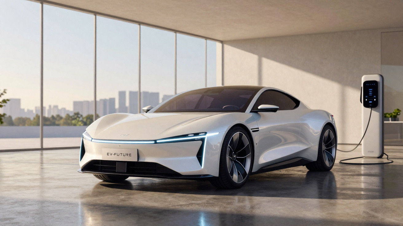 Carro esportivo elétrico branco conectado a carregador em espaço com janelas grandes e vista urbana.