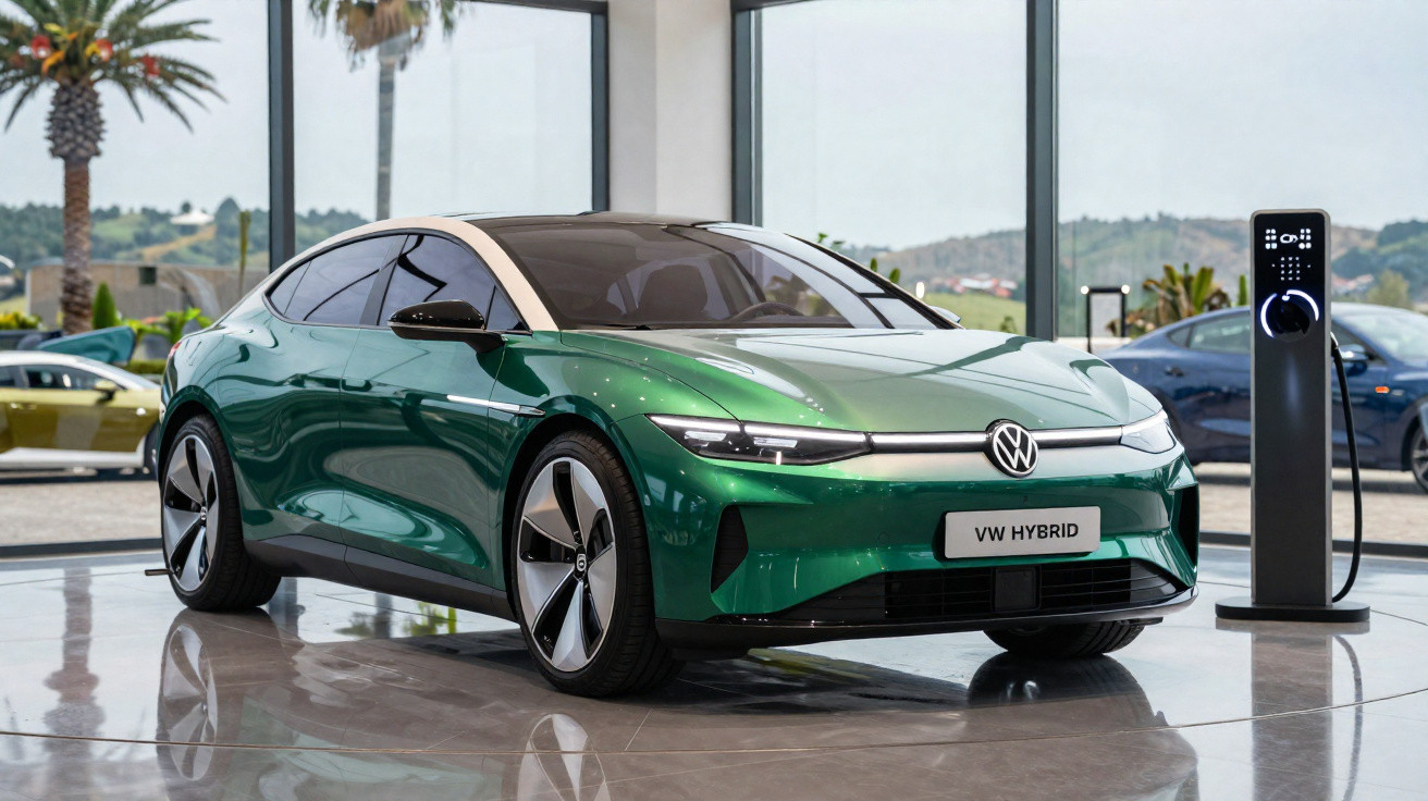 Carro elétrico VW Hybrid verde estacionado próximo a estação de recarga em ambiente moderno com janelas grandes.